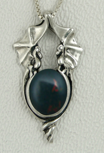 Sterling Silver Proud Pair of Dragons Pendant With Bloodstone